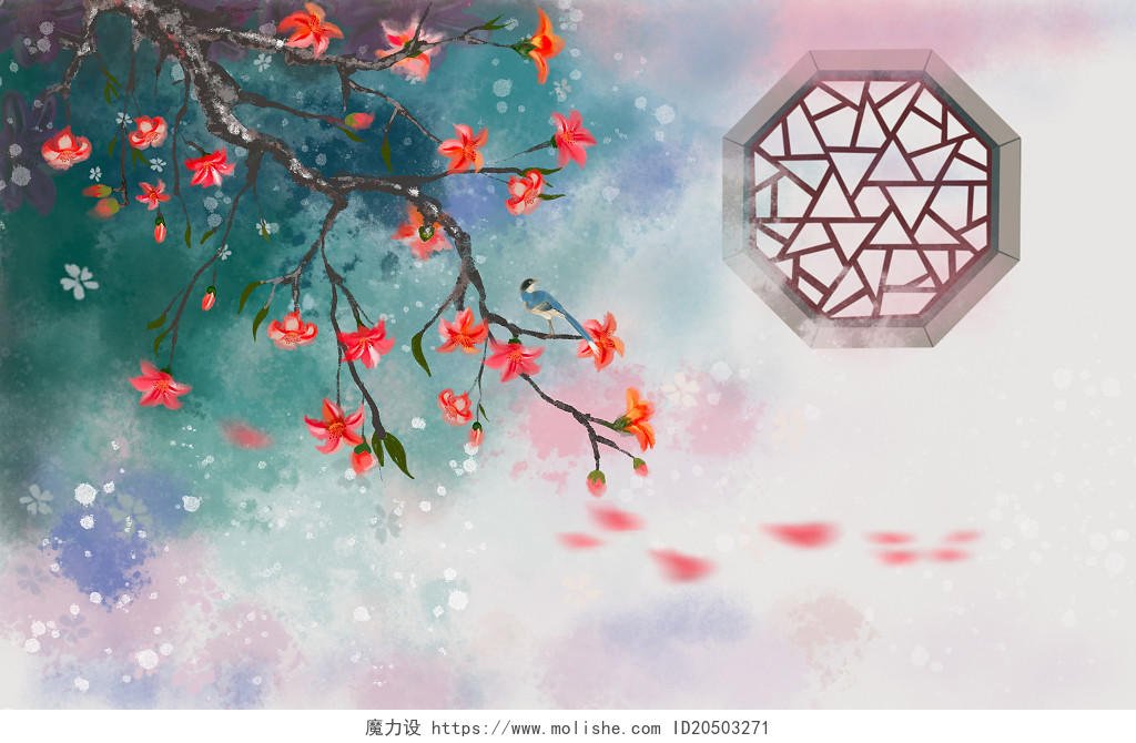中式古风杜鹃花枝中式窗户水彩背景花鸟手绘古风松树插画